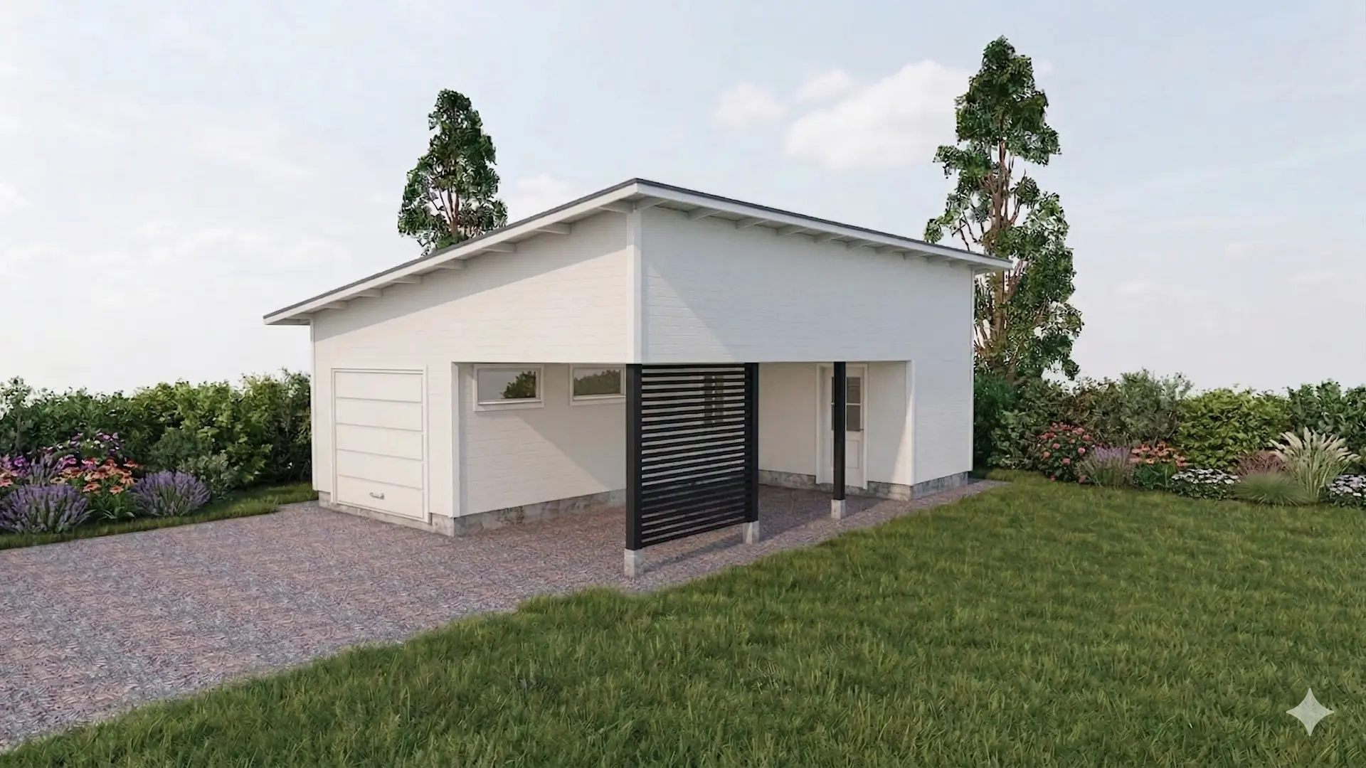 Autotalli ja -katosyhdistelmä yhden auton tallilla, yhden auton katoksella, varastotilalla ja pulpettikatolla. Autotalliin ja varastoon omat ulko-ovet.