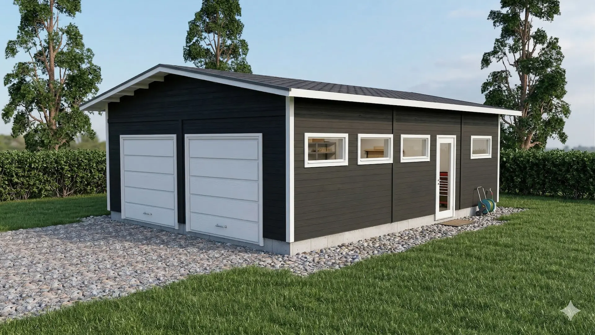 Perinteinen kahden auton autotalli varastointitilalla ja perinteisellä harjakatolla. 