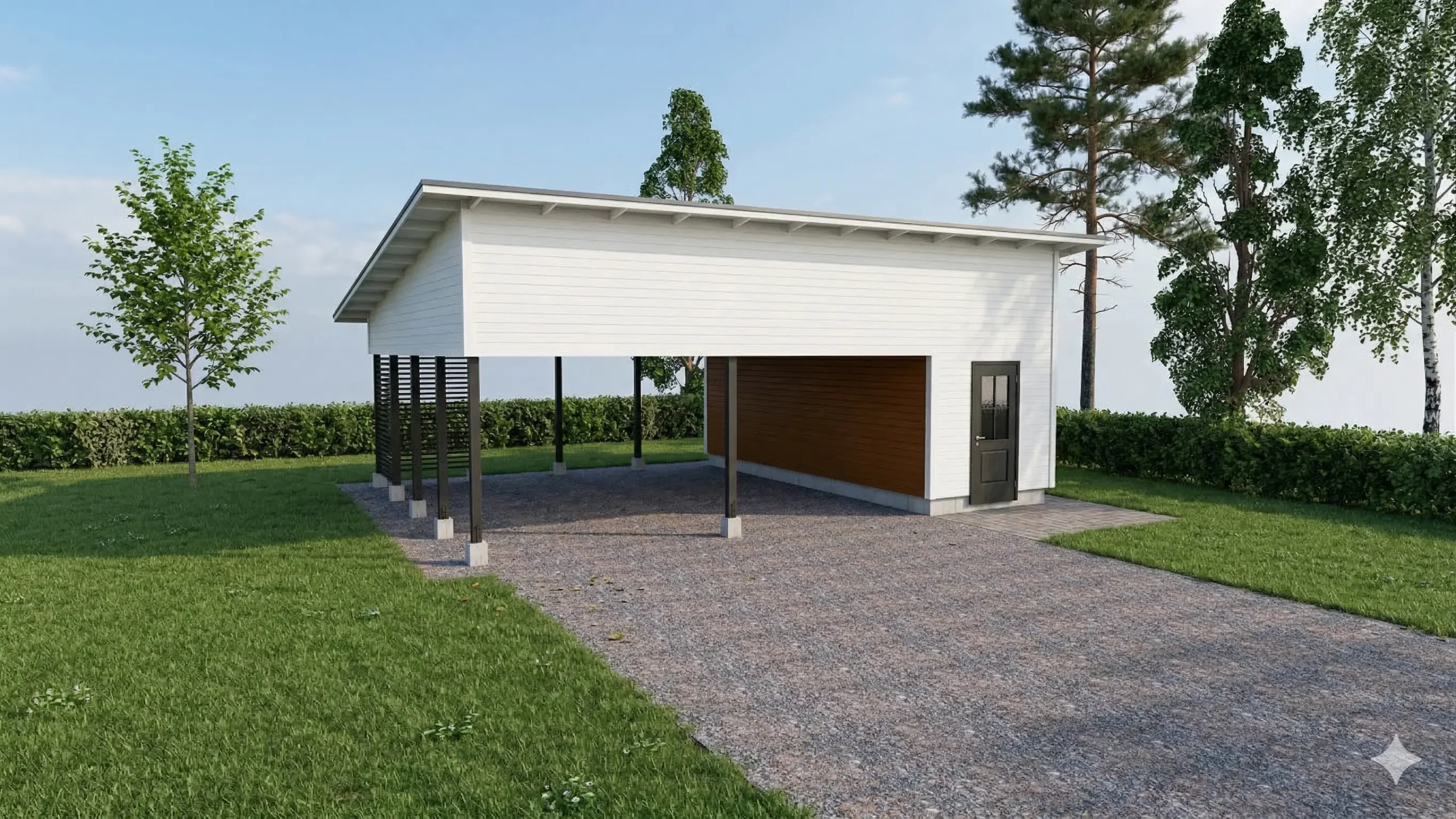 Tilava ja avara kahden auton autokatos varastotilalla ja pulpettikatolla. 