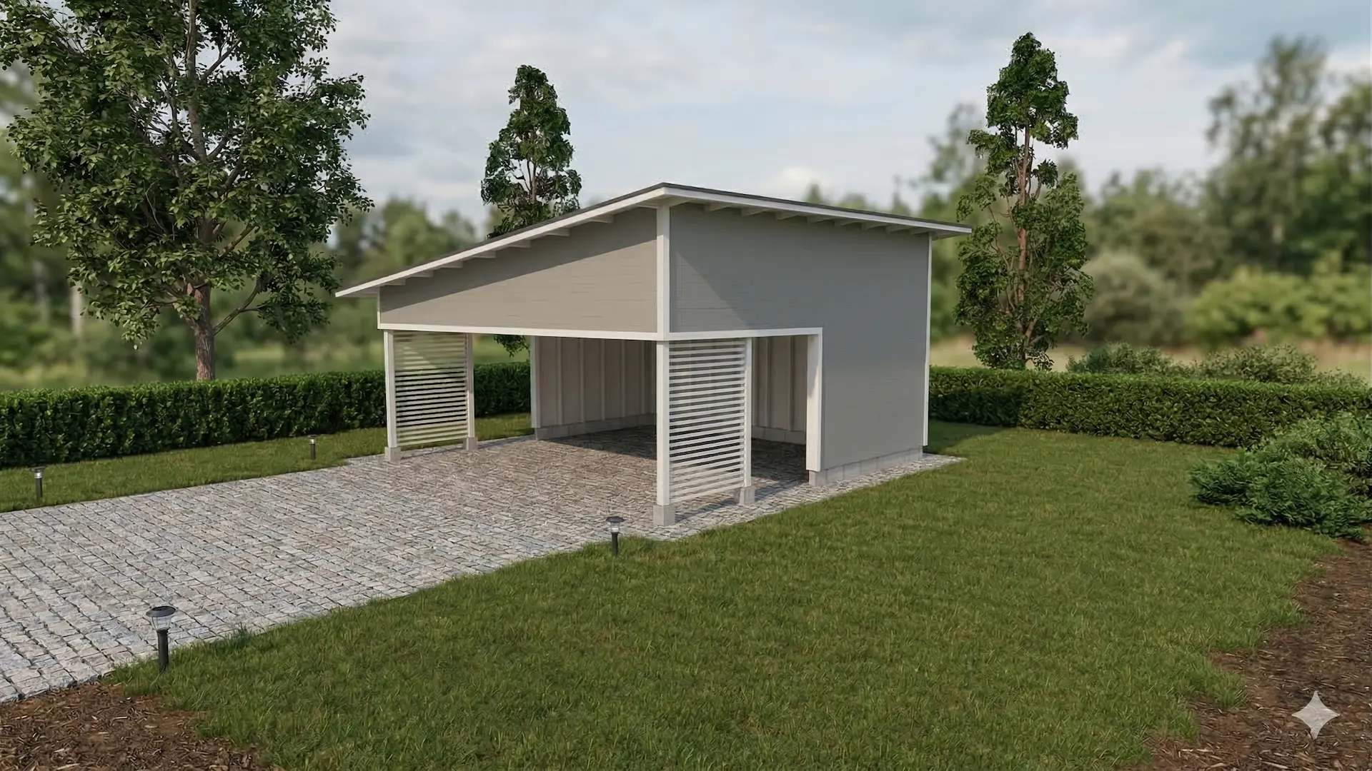 Avara kahden auton autokatos pulpettikatolla.