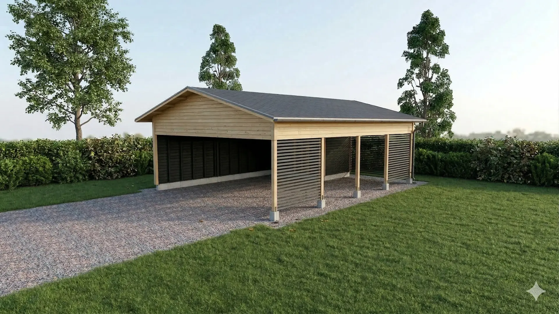 Avara ja tilava kahden auton autokatos ikkunallisella varastotilalla. 