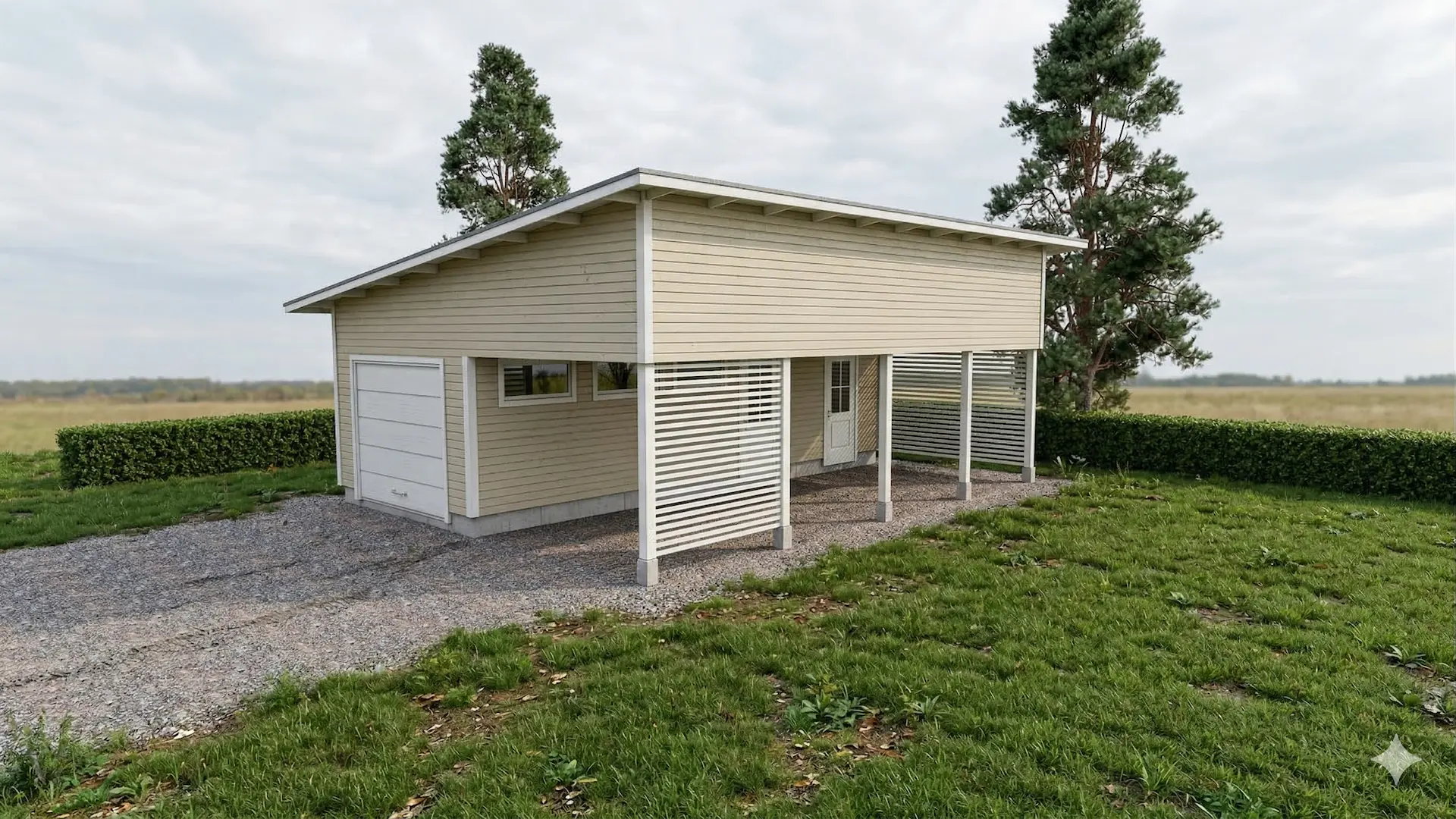 Autotalli ja -katosyhdistelmä yhden auton tallilla, yhden auton katoksella ja varastotilalla. Talliin ja varastoon omat ulko-ovet. 