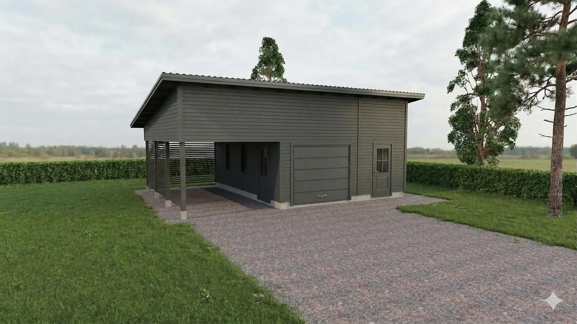 Autotalli ja -katosyhdistelmä varastotilalla ja pulpettikatolla. Autotalliin ja varastoon omat ulko-ovet.