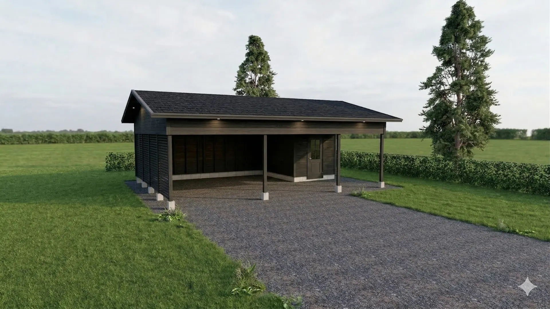 Avara ja tilava autokatos kahdelle autolle varastotilalla ja perinteisellä harjakatolla. 