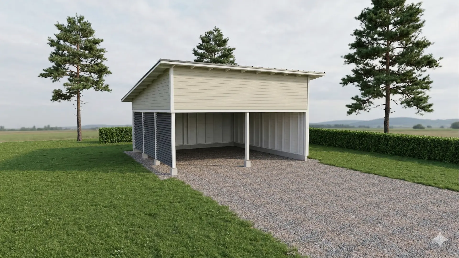 Yksinkertainen autokatos kahdelle autolle pulpettikatolla.