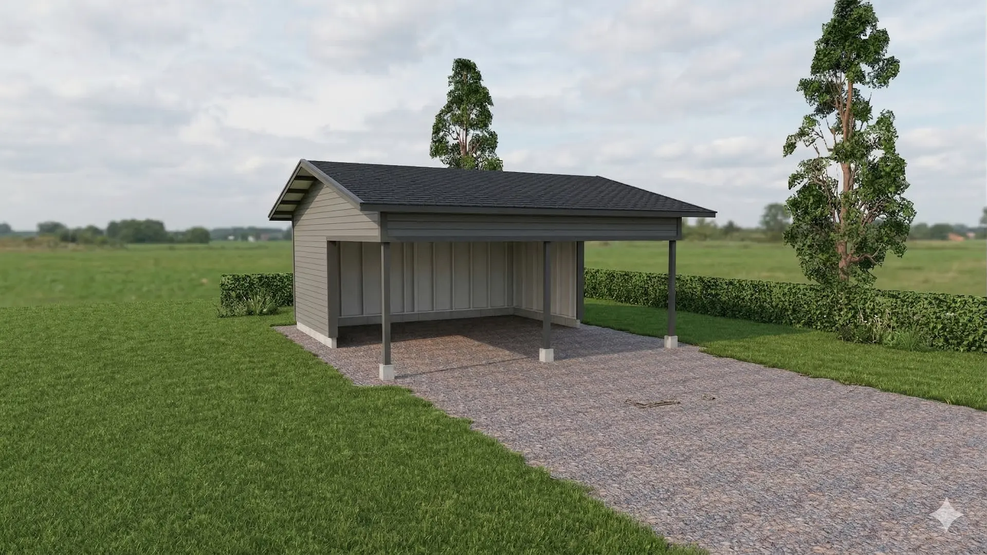 Tilava ja avara autokatos kahdelle autolle perinteisellä harjakatolla. 