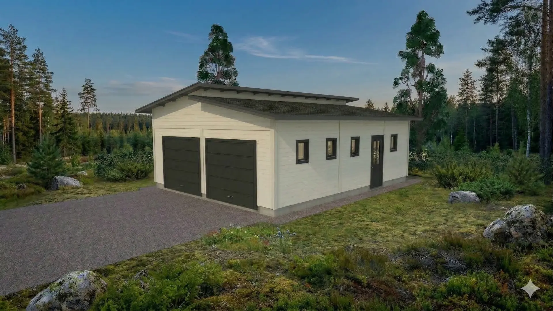 Kahden auton autotalli varastotilalla ja murretulla harjakatolla.