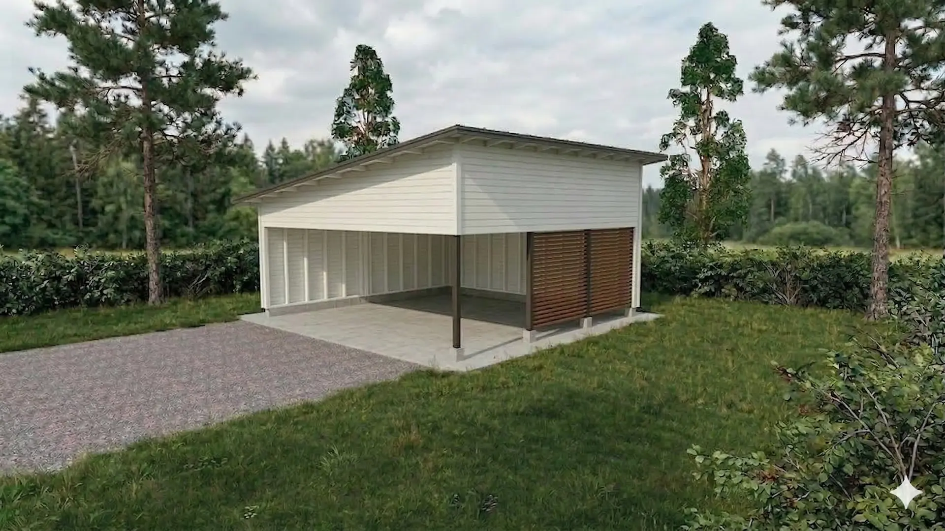 Yksinkertainen autokatos kahdelle autolle pulpettikatolla. 