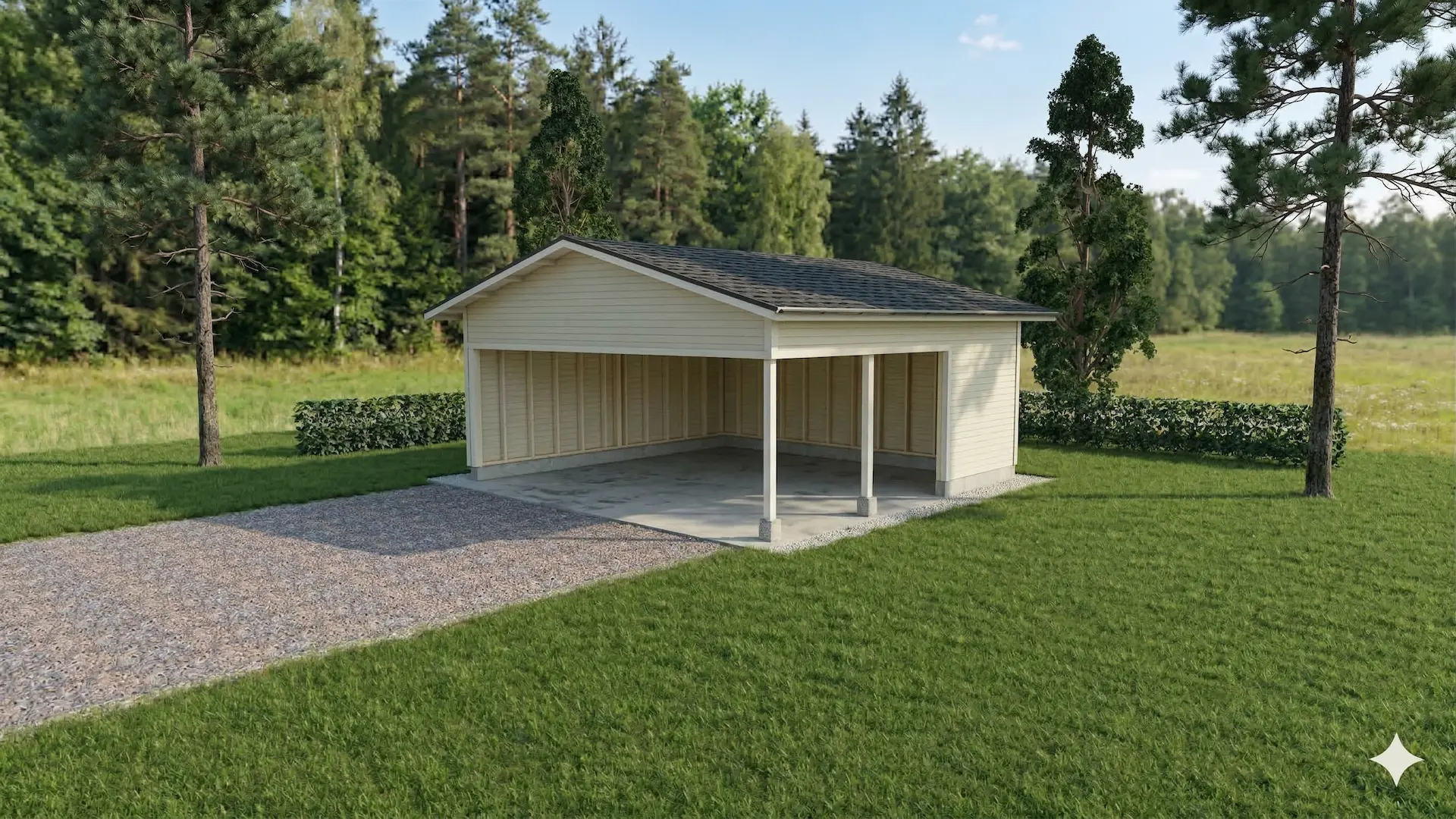 Avara ja tilava kahden auton autokatos perinteisellä harjakatolla. 