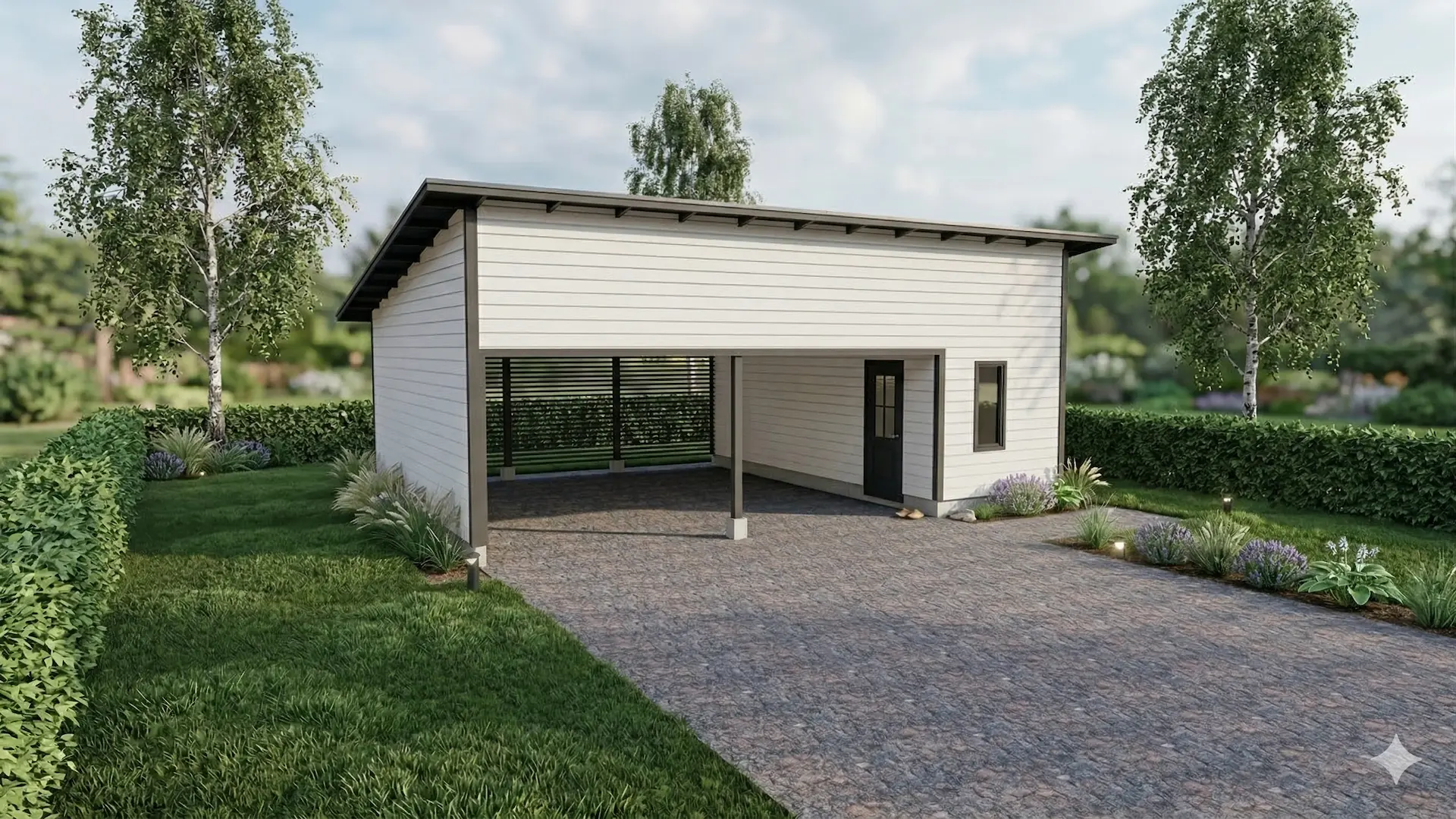 Kahden auton autokatos ikkunallisella varastotilalla ja pulpettikatolla. 