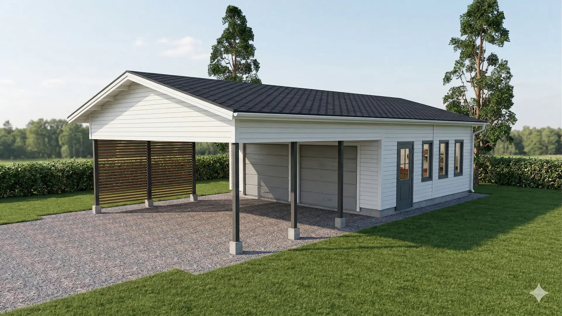 Autotalli ja -katosyhdistelmä kahden auton tallilla, kahden auton katoksella ja perinteisellä harjakatolla.