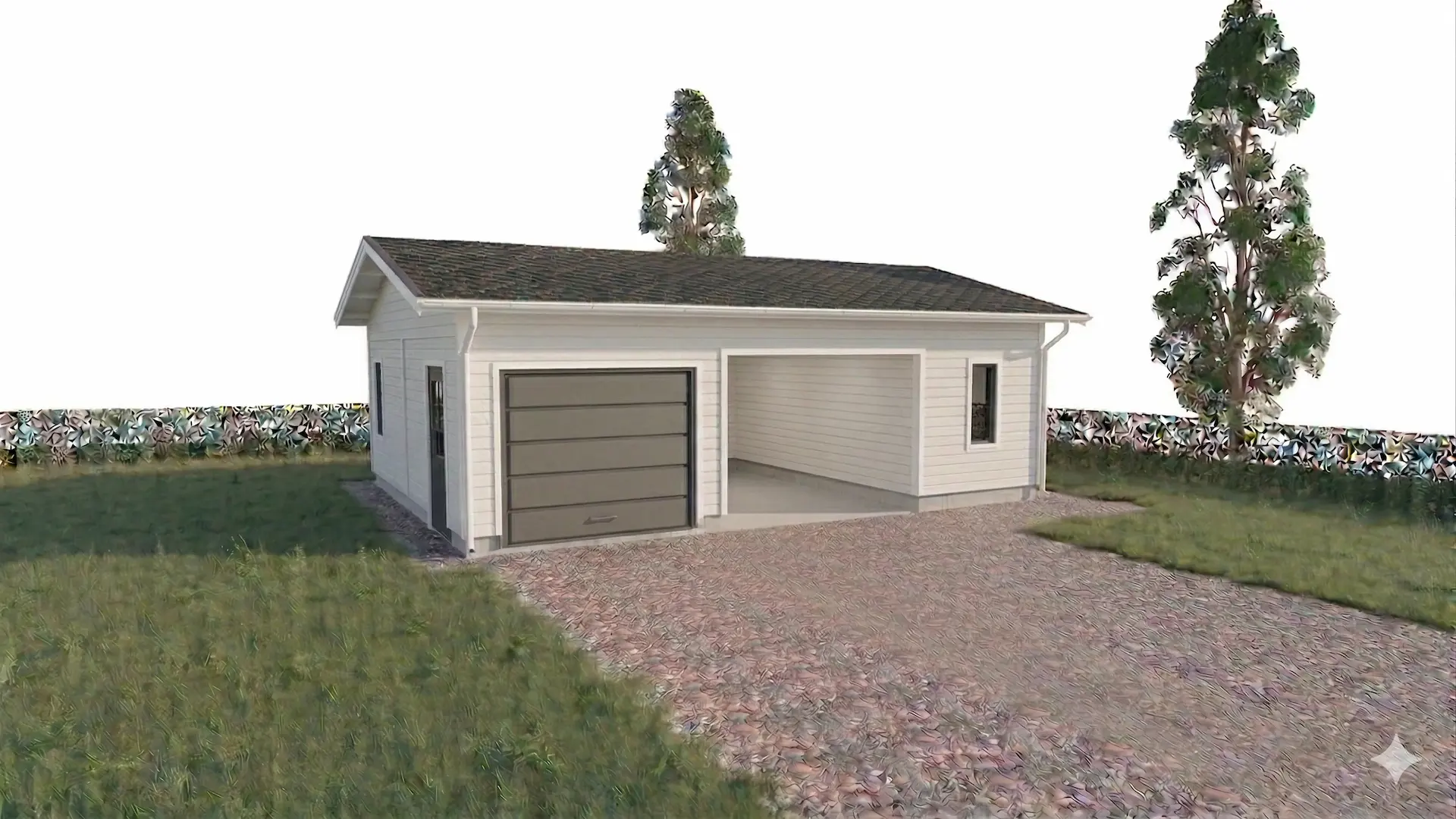 Autotalli ja -katosyhdistelmä yhden auton tallilla, yhden auton katoksella, ikkunallisella varastotilalla ja perinteisellä harjakatolla. Autotalliin ja varastoon omat ulko-ovet.