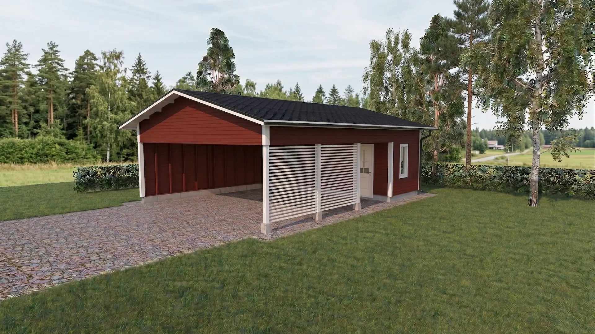 Tilava kahden auton autokatos ikkunallisella varastotilalla ja perinteisellä harjakatolla. 