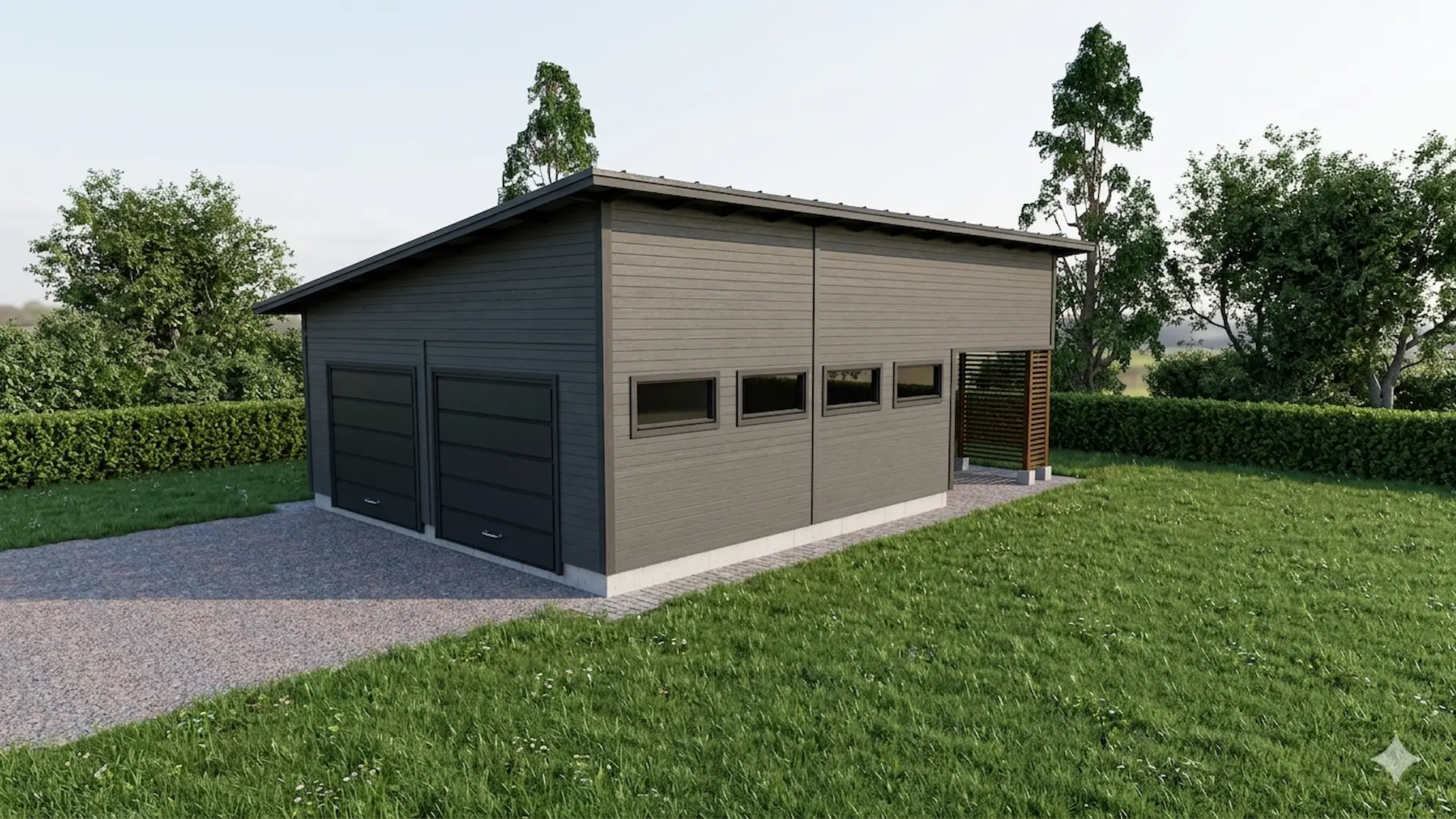 Kahden auton autotalli varastokatoksella ja pulpettikatolla. 