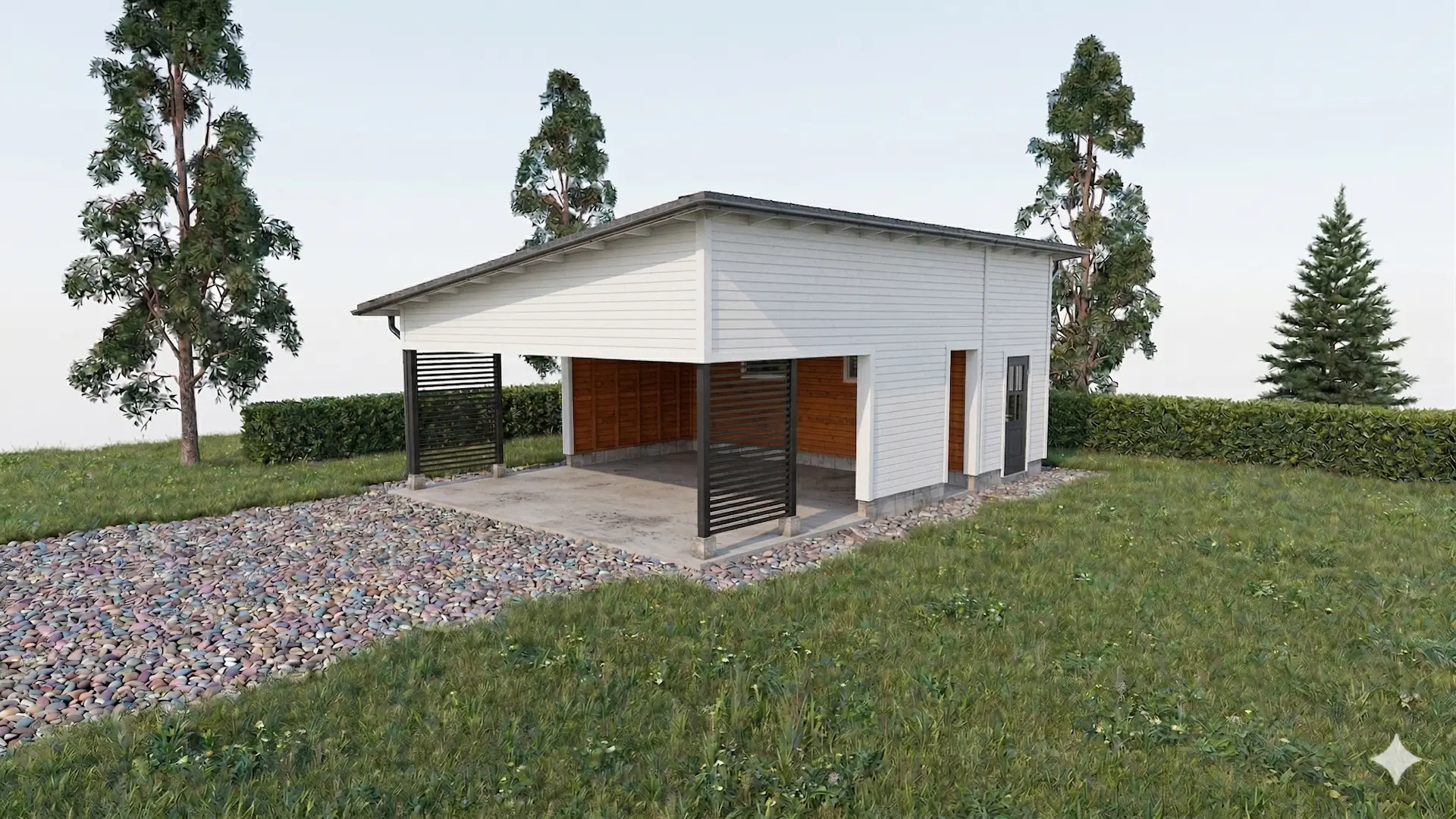 Avara kahden auton autokatos ikkunallisella varastotilalla ja pulpettikatolla. 