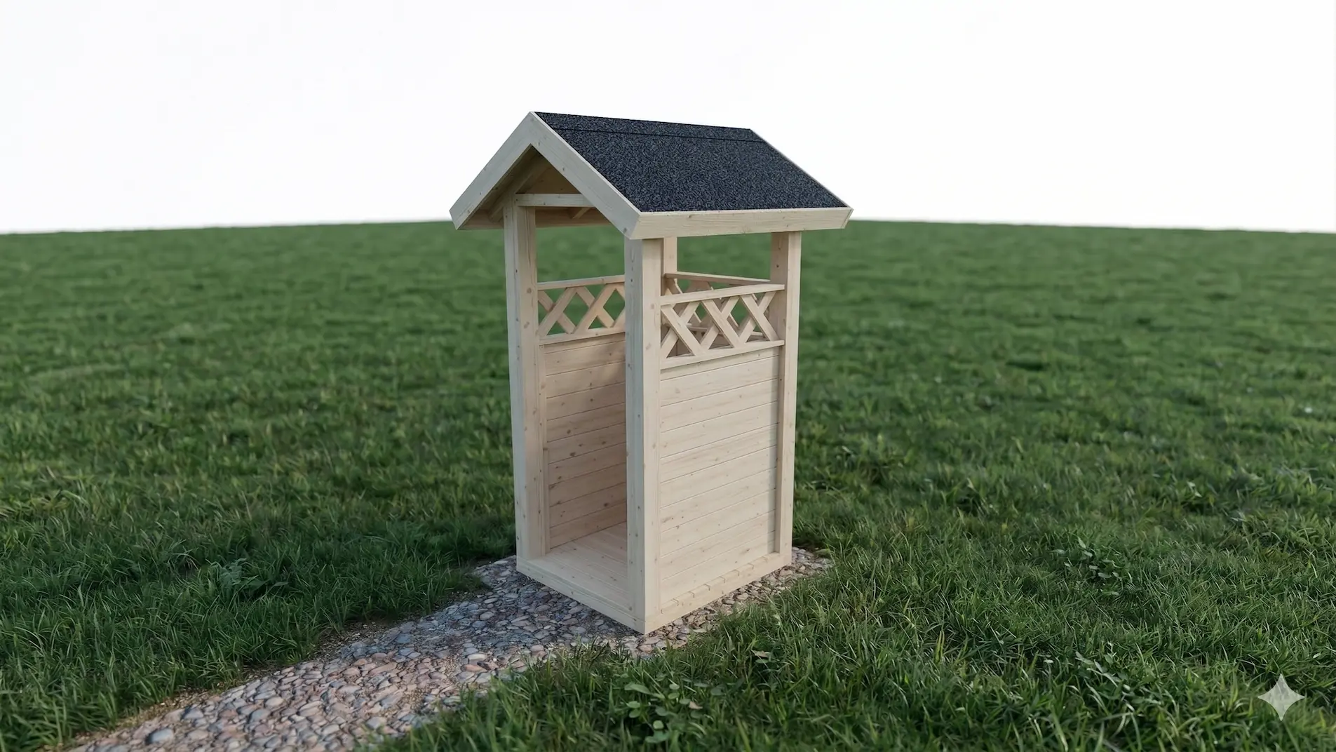 Yhden astian harjakattoinen jätekatos koristeristikolla.