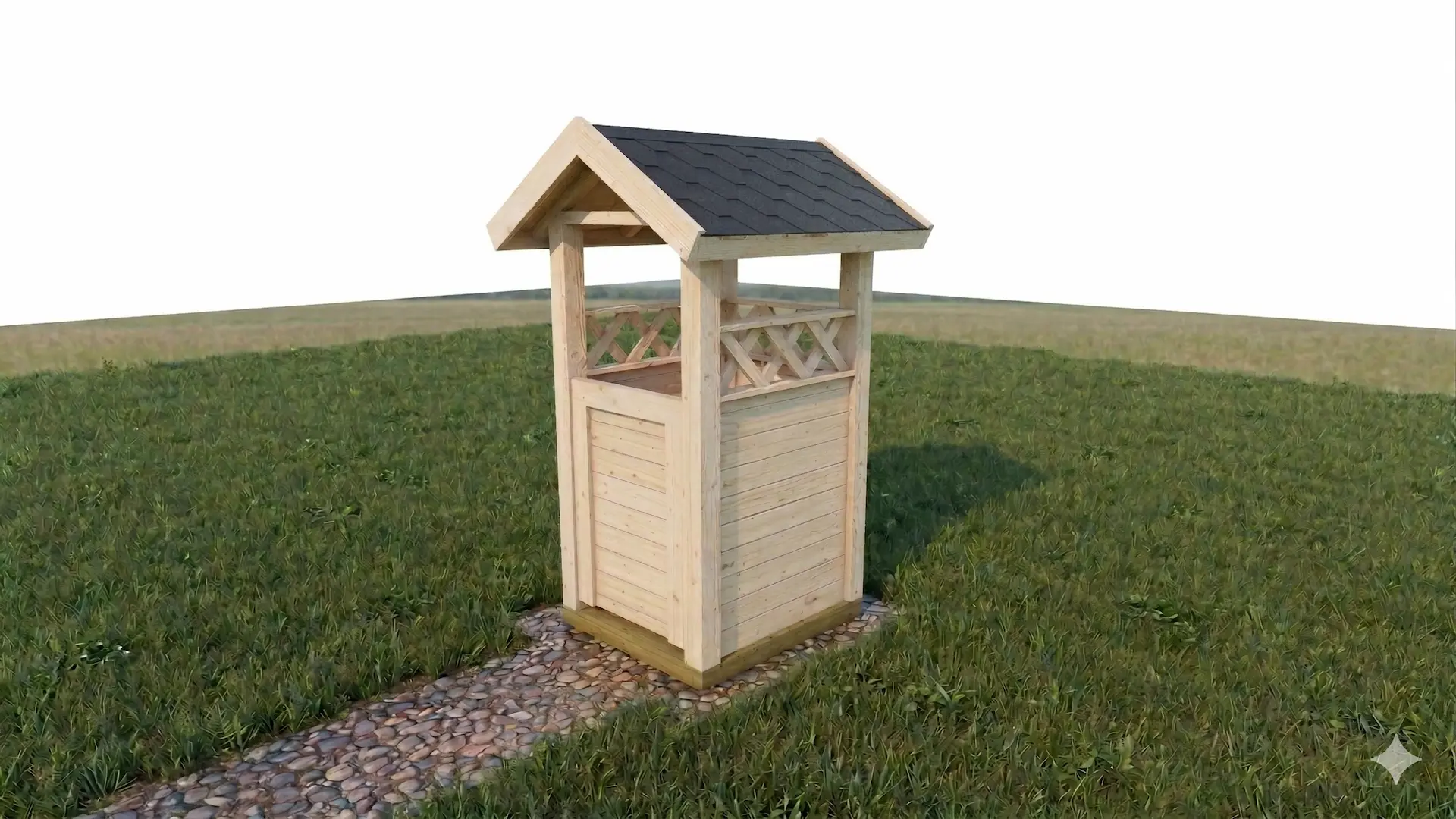 Yhden astian harjakattoinen jätekatos koristeristikolla.