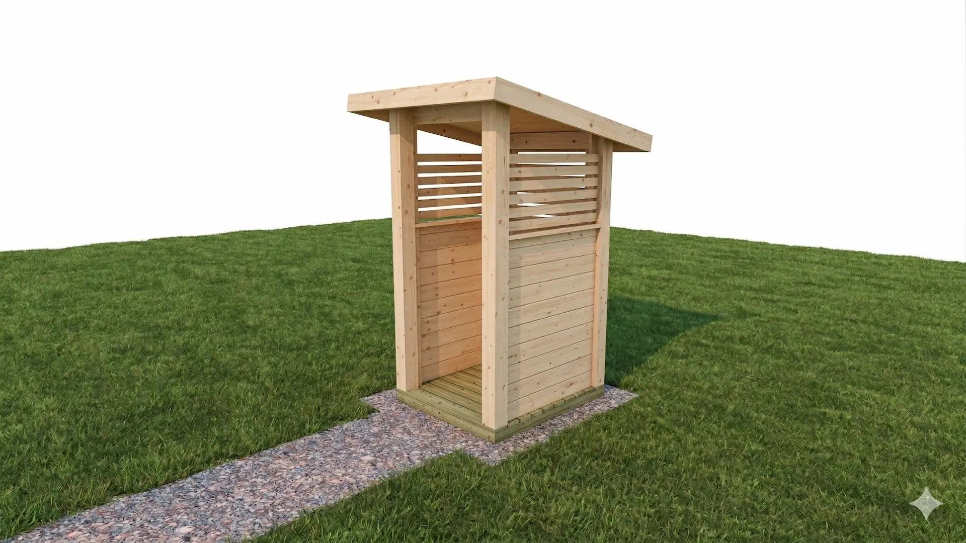 Pulpettikattoinen yhden astian jätekatos, jossa yläosa rimoitettu.