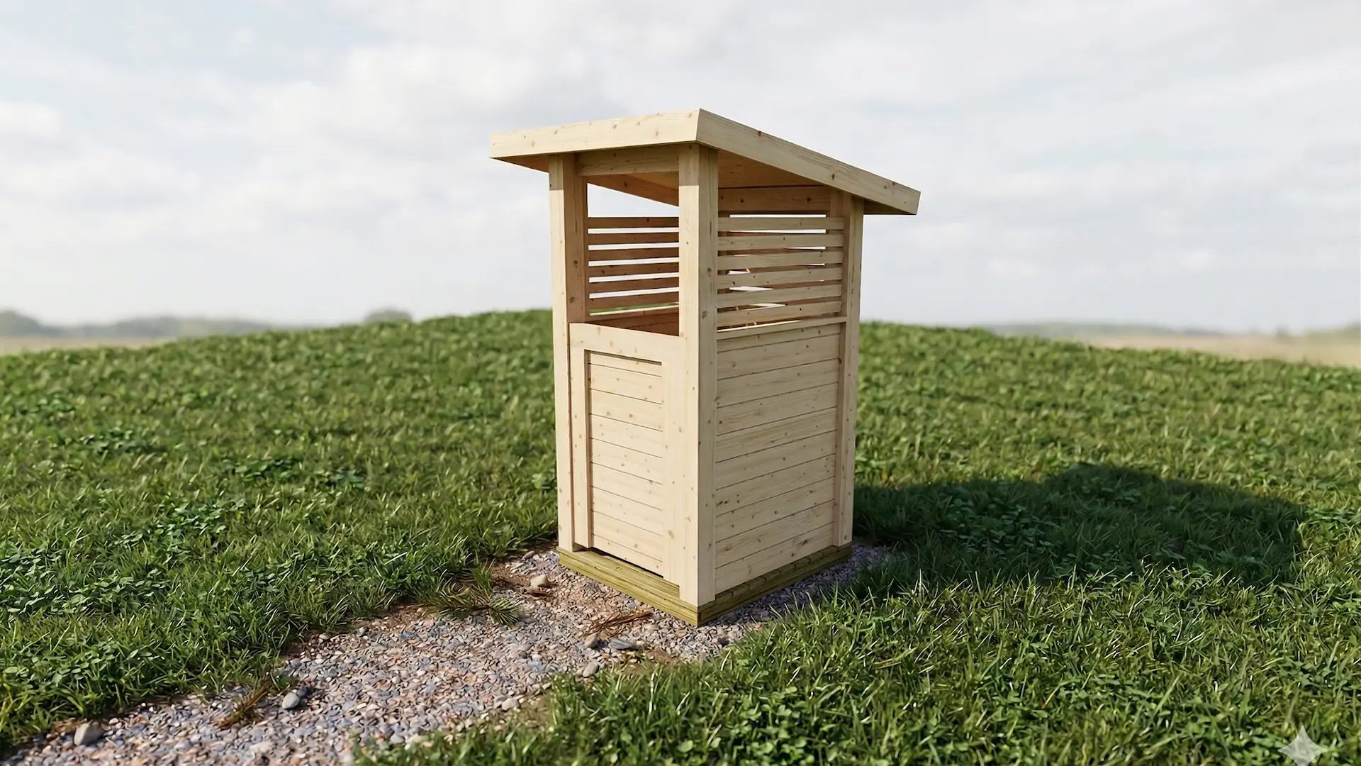 Pulpettikattoinen ovellinen yhden astian jätekatos, jossa yläosa rimoitettu.