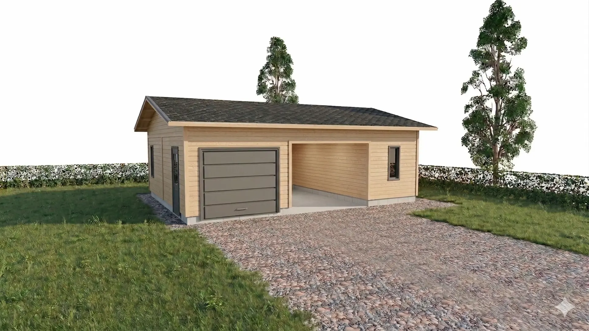 Autotalli ja -katosyhdistelmä yhden auton tallilla, yhden auton katoksella, ikkunallisella varastotilalla ja perinteisellä harjakatolla. Autotalliin ja varastoon omat ulko-ovet.