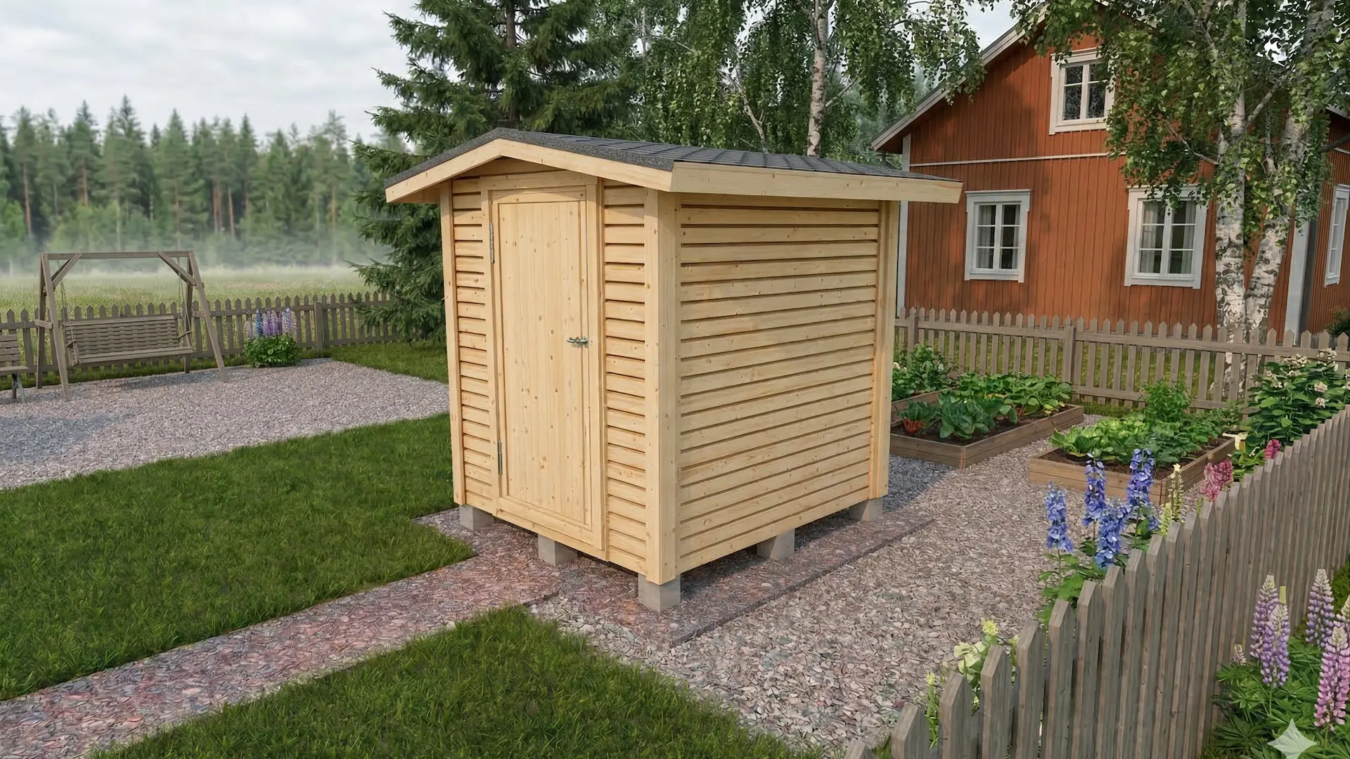 Rimoitettu varasto ovella ja perinteisellä harjakatolla.