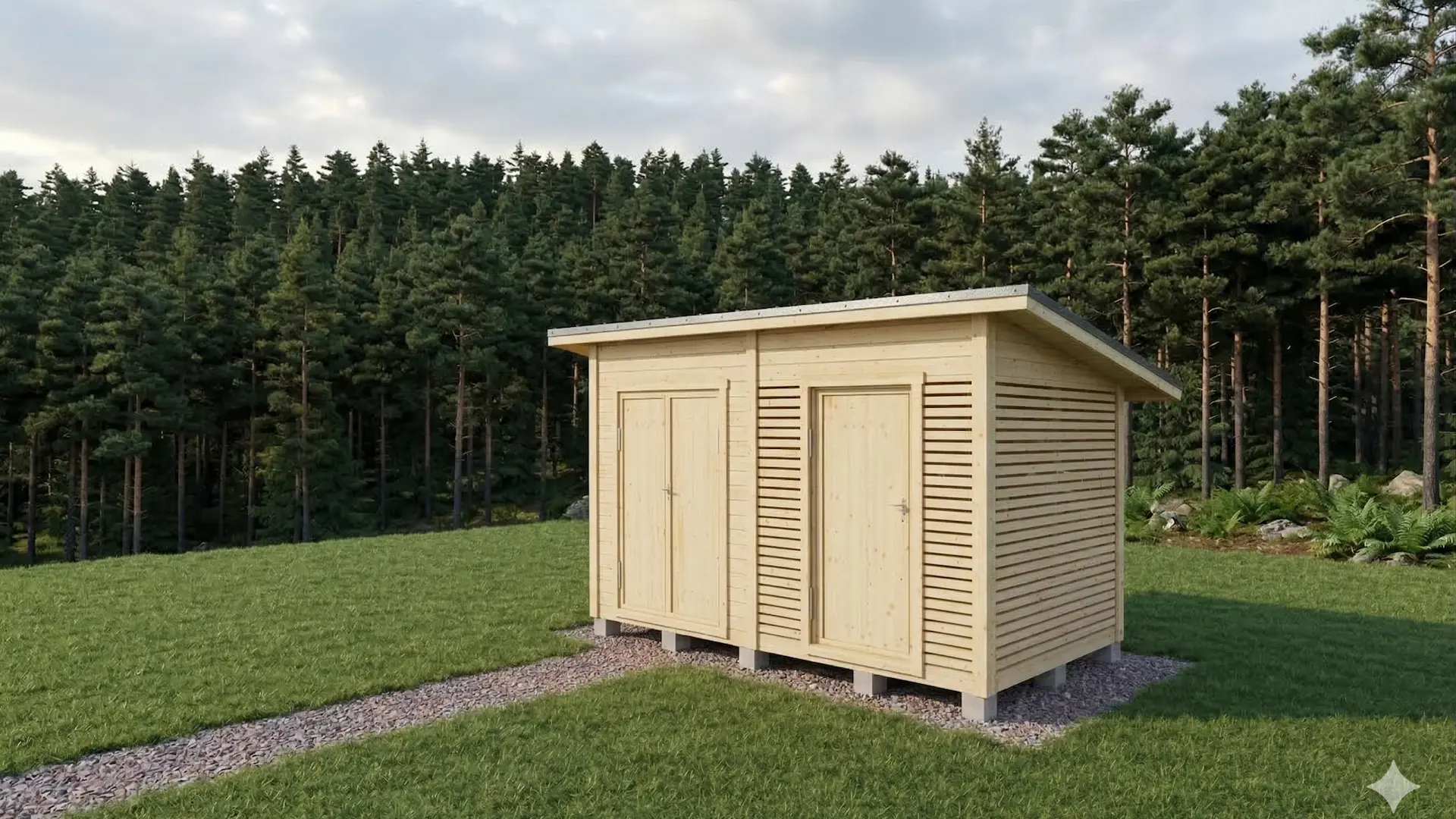 Pulpettikattoinen kaksiosainen varasto, jossa toinen puoli paneloitu ja toinen puoli rimoitettu. Paneloidulla puolella pariovi, rimoitetulla puolella tavallinen ovi.