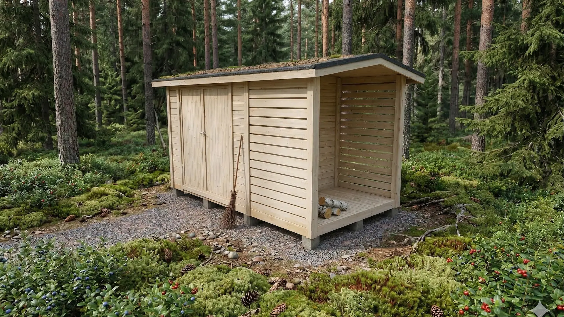 Harjakattoinen varaston ja katoksen yhdistelmä, jossa varasto on paneloitu ja katos rimoitettu. Varastossa on pariovi.