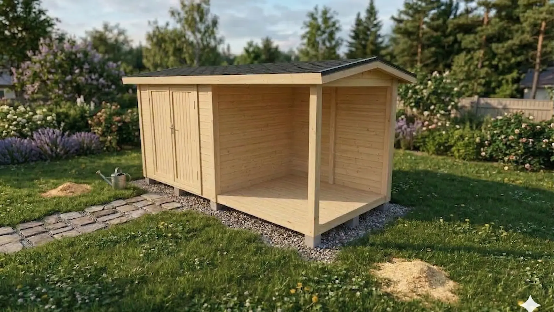 Harjakattoinen kaksiosainen varasto, jossa toinen puoli paneloitu varasto ja toinen puoliksi paneloitu katos. Varaston puolella pariovi.