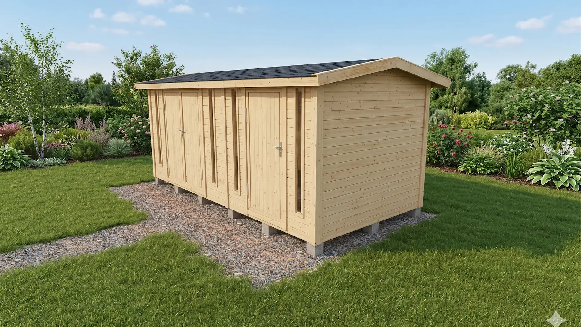 Harjakattoinen paneloitu kaksiosainen varasto, jossa toisella puolella pariovi ja toisella puolella tavallinen ovi. Ovien molemmilla puolella pystyikkunat.