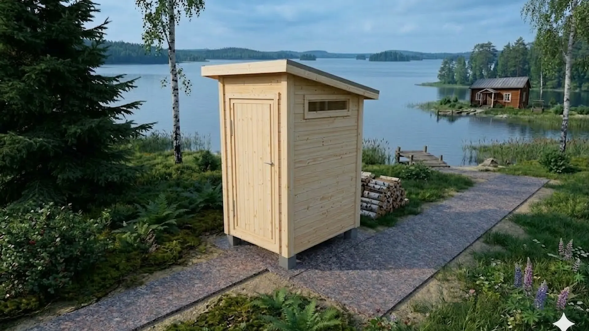 Pulpettikattoinen paneloitu ulkovessa pienellä ikkunalla.