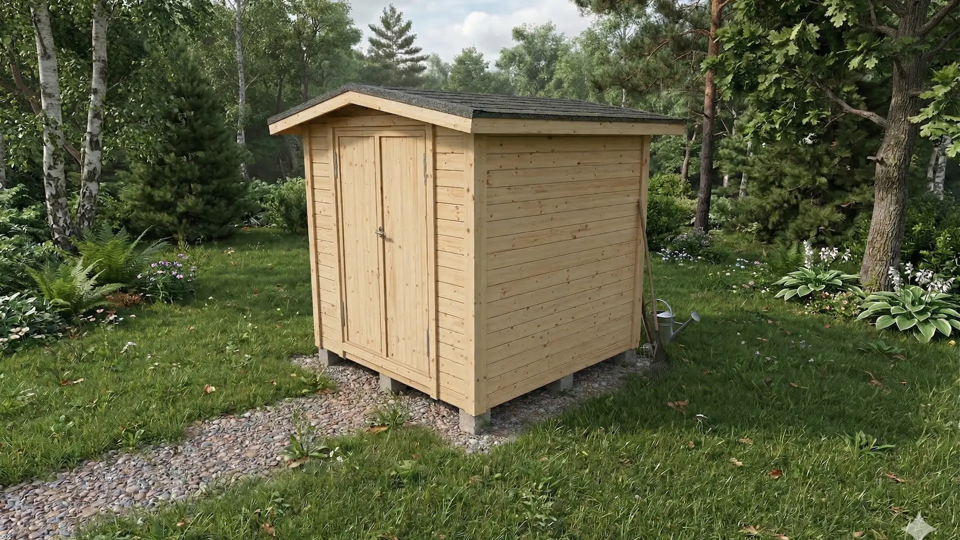 Paneloitu varasto pariovilla ja harjakatolla.