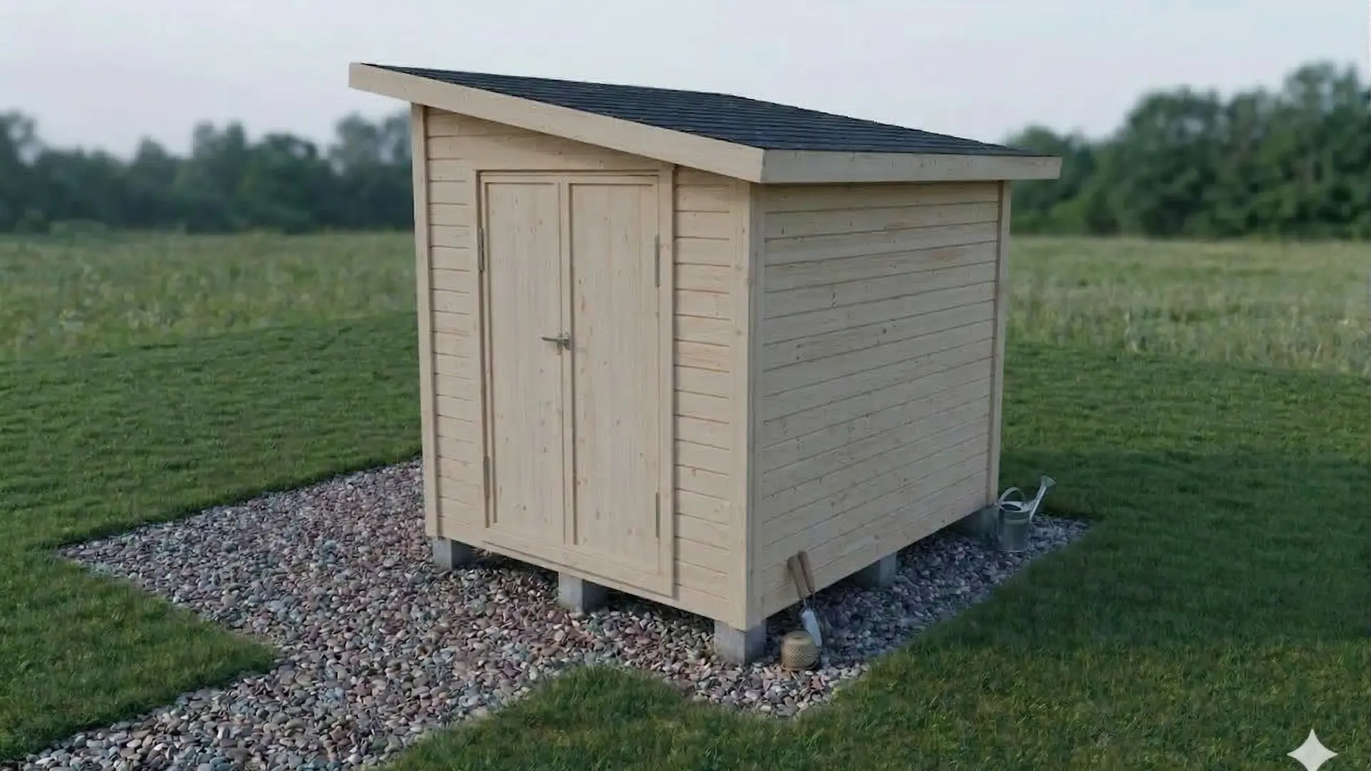 Paneloitu varasto pariovilla ja pulpettikatolla.