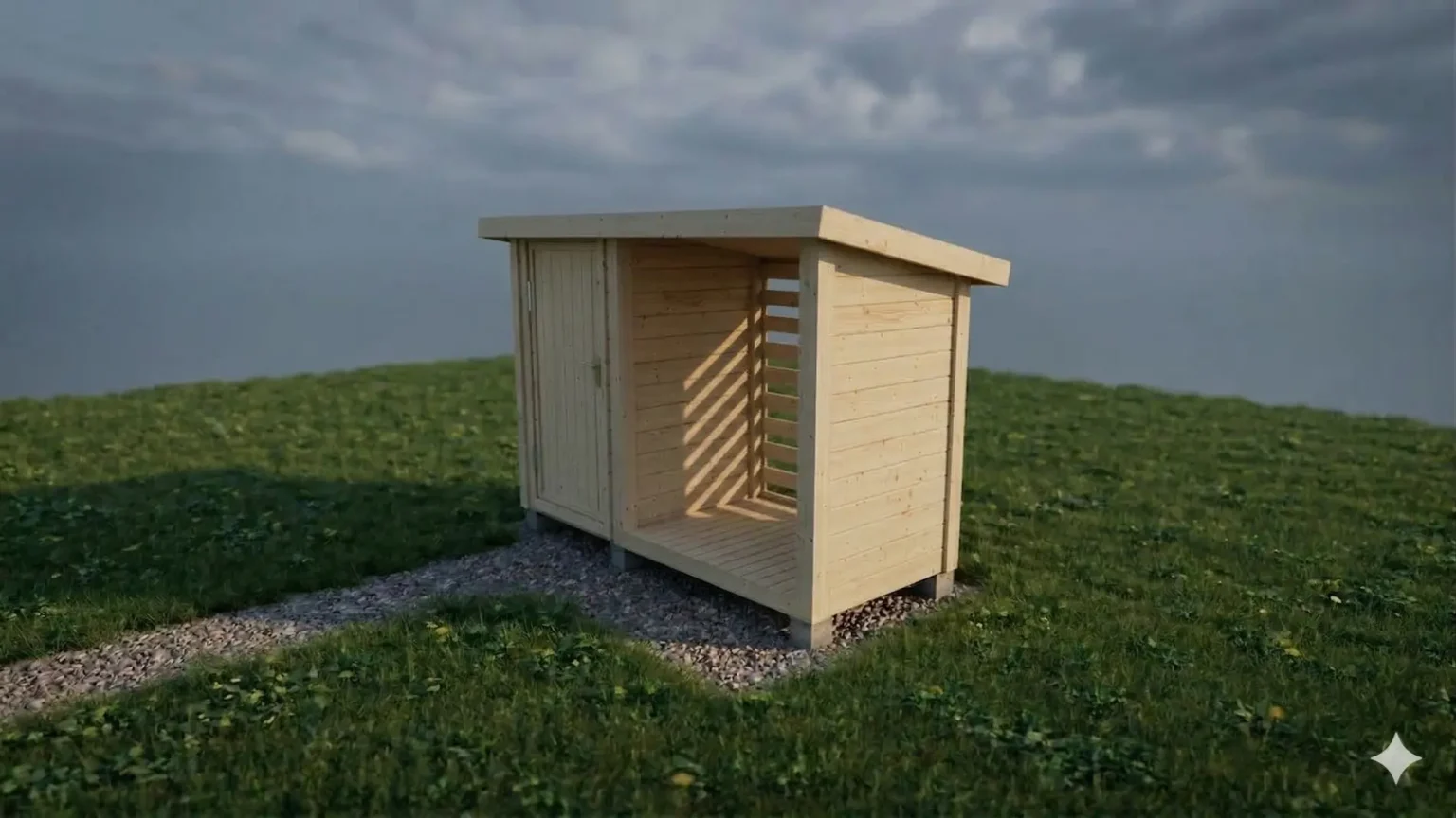 Kaksiosainen varasto/wc ja katos.