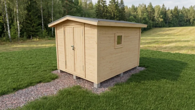 Paneloitu varasto pariovilla, ikkunalla ja perinteisellä harjakatolla.