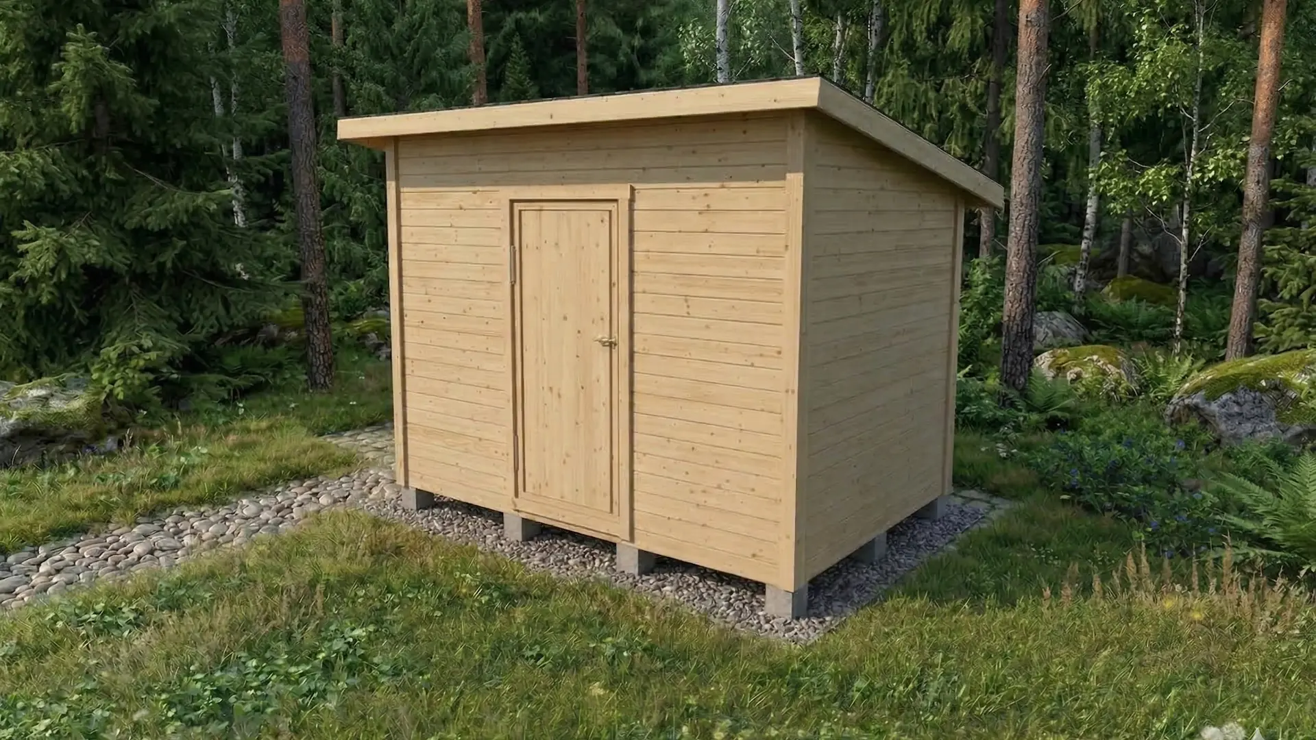 Paneloitu varasto ovella ja pulpettikatolla.