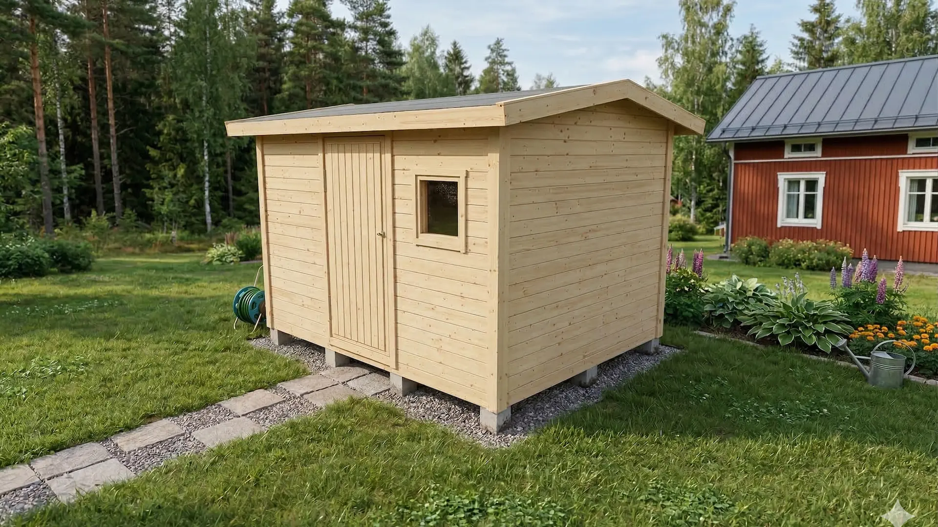 Paneloitu varasto ovella, ikkunalla ja harjakatolla.