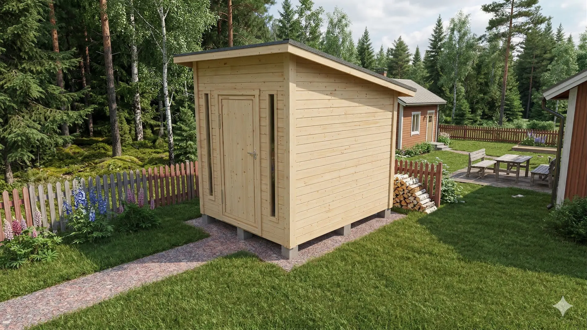 Pulpettikattoinen paneloitu varasto ovella, jossa molemmin puolin pystyikkunat.