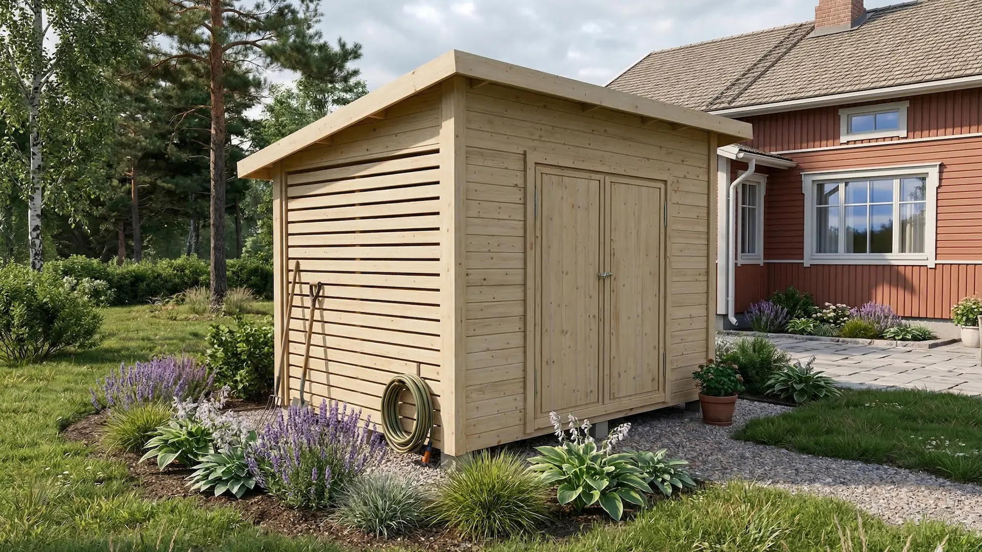 Osin paneloitu ja osin rimoitettu varasto pariovilla ja pulpettikatolla.